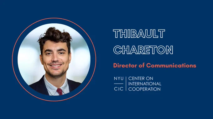 Text on a navy blue background next to a headshot of a person with short hair wearing a blue shirt and dark jacket: "Thibault Chareton, Director of Communications." The NYU CIC logo is below the text in white.
