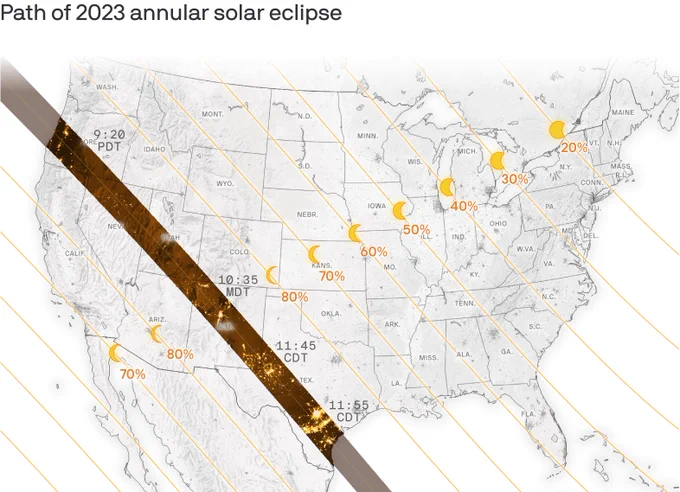 A map showing the path of the 2023 annular solar eclipse