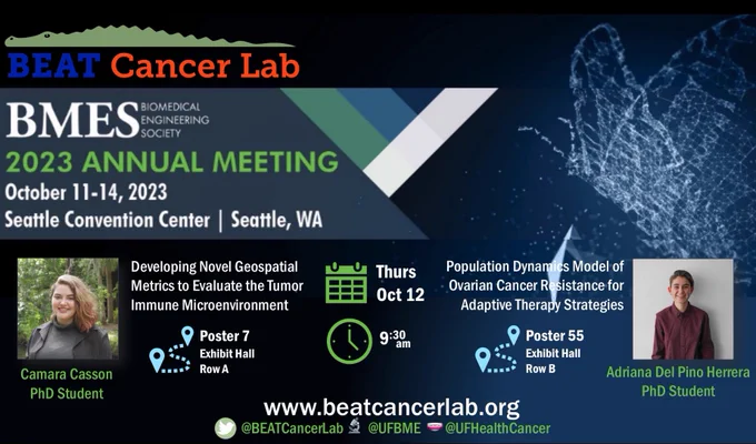 @BEATCancerLab PhD students present their posters on Thurs Oct 12 at 9:30am. Camara Casson presents on geospatial metrics applied to kidney cancer at Poster 7 in Row A of the Exhibit Hall. Adriana Del Pino Herrera presents on math models of ovarian cancer at Poster 55 in Row B of the Exhibit Hall.