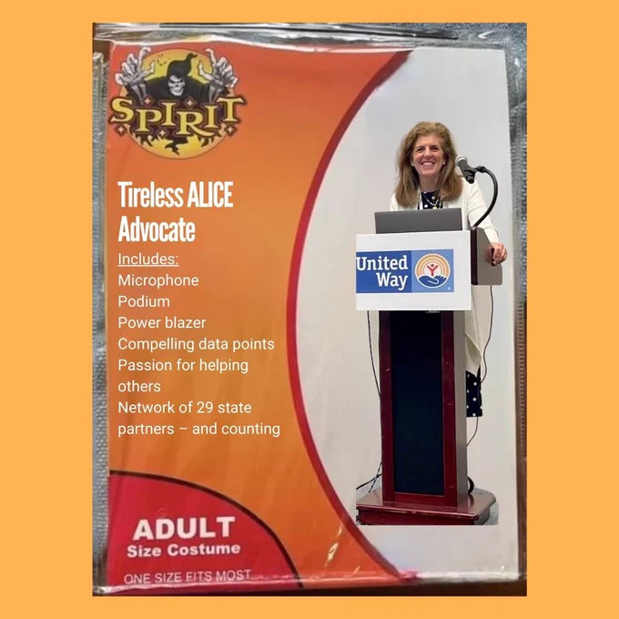 Spirit of Halloween costume package has an image of Stephanie Hoopes, United For ALICE National Director. Text reads: Tireless ALICE Advocate and lists everything that comes with the kit.
