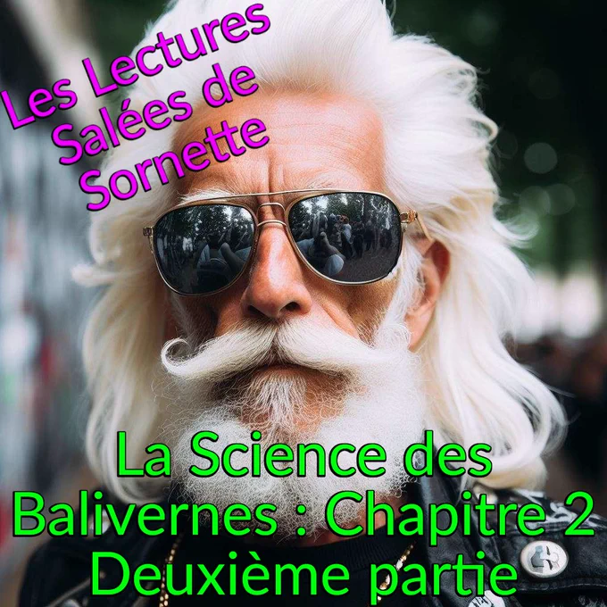 Un portrait en gros plan manifestement généré par IA d'un homme d'une soixantaine d'années avec une grosse barbe blanche et de longs cheveux blancs. Il porte des grosses lunettes de soleil style Ray-Ban et une veste en cuir avec un chaîne dorée que l'on distingue dans son col.

En haut à gauche en violet on peut lire "Les lectures salées de Sornette" et au milieu en bas, en vert on peut lire "La Science des Balivernes : Chapitre 2 Deuxième partie"
