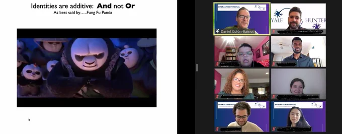 Screenshot of a slide depicting Kung Fu Panda, from the keynote of Daniel Colon-Ramos, PhD, next to photos of student attendees on Zoom.
