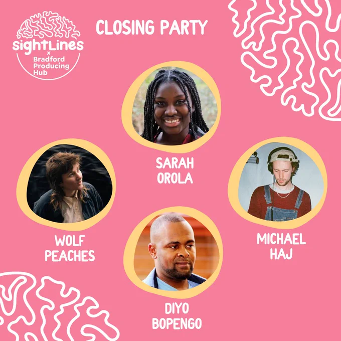 a pink background with the headshots of Sarah Orola, Wolf Peaches, Diyo Bopengo, and Michael Haj, with the title 'Closing Party'