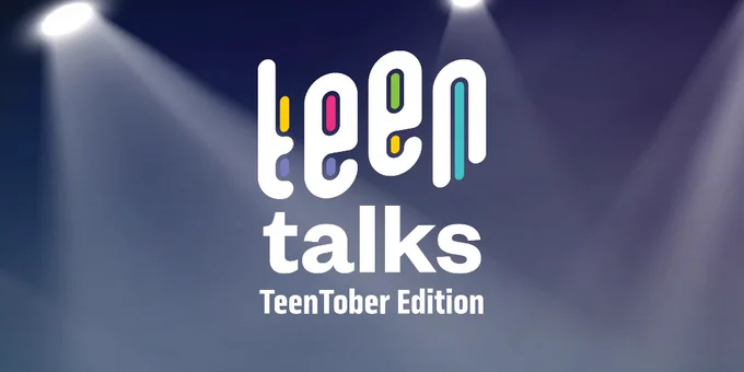A graphic of spotlights shine down onto the words "teen talks. TeenTober Edition." 
