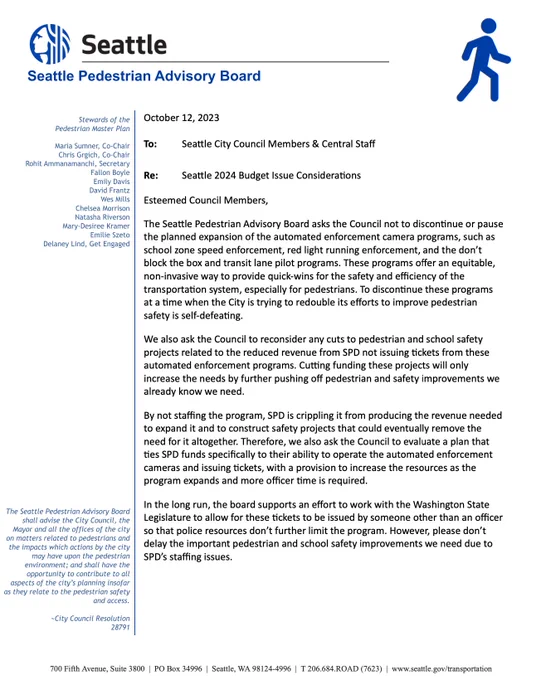 Screenshot of the letter from the Pedestrian Advisory Board to the Seattle City Council.  Please refer to the main post for a link to an accessible copy of the document.  Full text not included here due to length limitations.