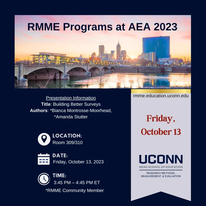 At #Eval23? Join this session with RMME Community Members, Dr. Bianca Montrosse-Moorhead & Amanda Sutter!

https://rmme.education.uconn.edu/
#UConn #Online #Research #Methods #Measurement #Evaluation