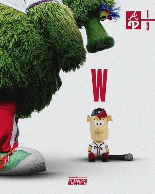 Phillies win! Final score: Braves 1, Phillies 3. The graphic is of the Phanatic looking down on Blooper, who has a microphone dropped on the ground next to him. The W is over Blooper's head.