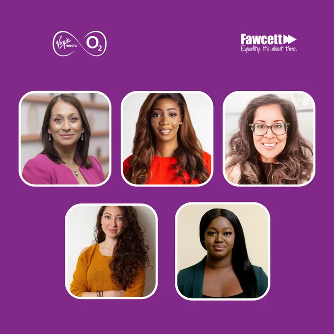 Virgin Media O2 and Fawcett logos. Headshots of Nisha Marwaha, Lopa Patel MBE, Vanessa Chiedza Sanyauke, Yasmin Lodhi, Susanne.