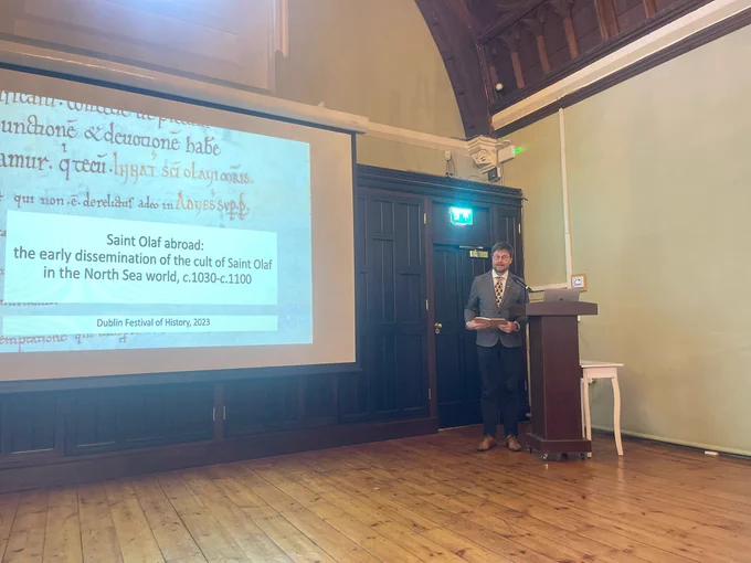 Søren Sindbæk at the lectern in the Henry Roe room of Christ Church cathedral.