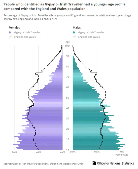 Population pyramid showing percentage of people who identified as Gypsy or Irish Traveller at each single year of age split by sex. A comparison line shows percentage of England and Wales population at each single year of age split by sex.   