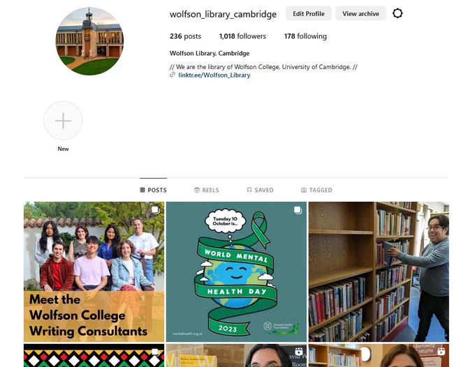 Screenshot of Wolfson Library's Instagram profile page