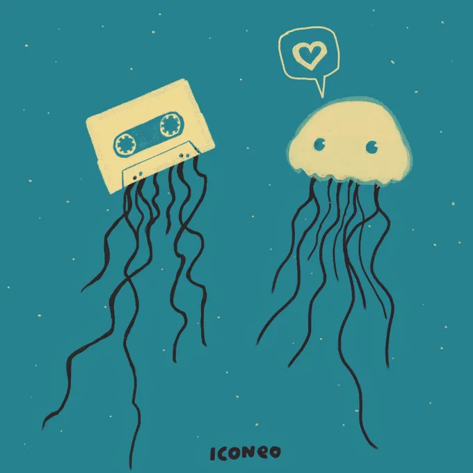 The illustration shows an underwater scene: On the left you can see a cassette with its tape hanging out in long cords. It looks like a jellyfish. On the right you can see a jellyfish falling in love with the cassette underwater.