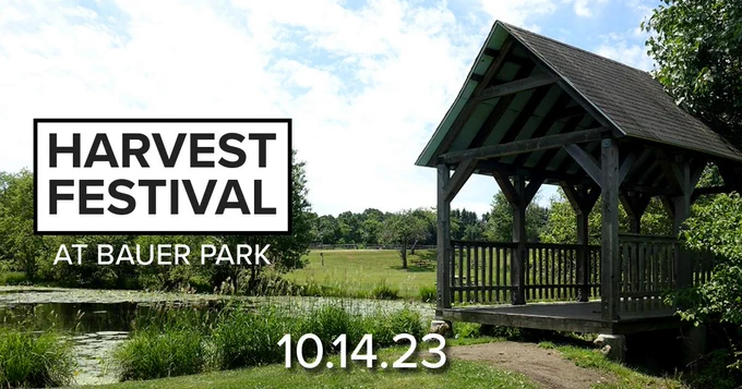Harvest Festival at Bauer Park 10.14.23 image of the covered bridge and pond