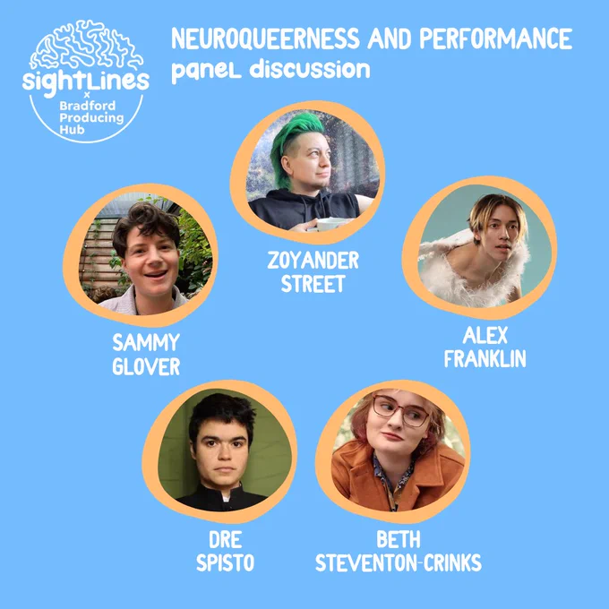 a blue background with the headshots of Zoyander Street, Sammy Glover, Alex Franklin, Dre Spisto, and Beth Stevenson-Crinks. At the top is the Sightlines logo and "Neuroqueerness and performance, panel discussion"