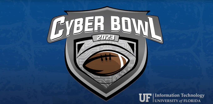 GRAPHIC: Primary visual for the 2023 Cyber Bowl, on blue alligator skin textured background. University of Florida.