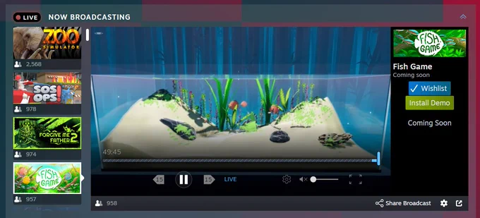 List of streams for Steam Next Fest, with Fish Game highlighted.