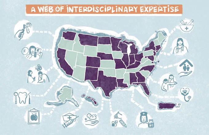 A Web of Interdisciplinary Expertise US map of Clinical Scholars Fellows including:
Audiologist/SLP
Complementary Medicine
Counselor/Therapist
Dentist
Dietitian/Nutritionist
Nurse/Nurse Practitioner
Nurse Midwife
Occupational Therapist
Pharmacist
Physical Therapist
Physician
Physician Assistant
Psychologist
Social Worker
Veterinarian/Veterinary Nurse