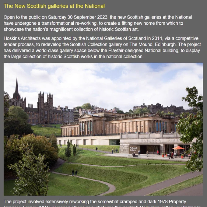 Screen grab of blog post from Hoskins architects' website, showing text surrounding a photograph of the National Gallery in Edinburgh, with gently sloping paths in front descending into East Princes Street Gardens