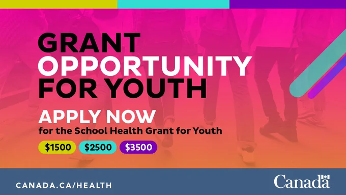 Photo of a group of teenagers walking with a bright pink and orange filter, neon graphic design elements, and text that reads “Grant opportunity for youth. Apply now for the School Health Grant for Youth. $1,500, $2,500, $3,500”.