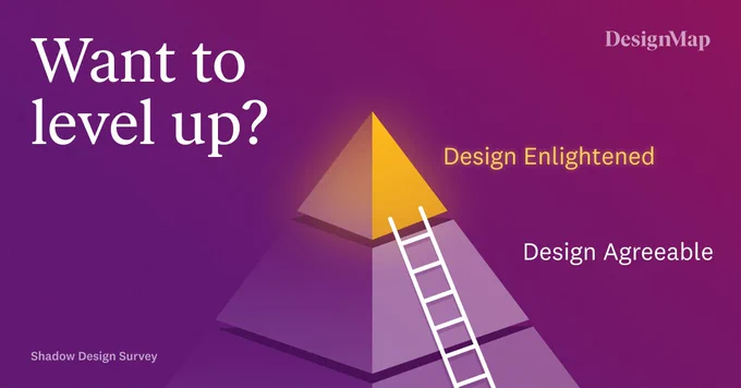 Pyramid with two tiers shown: "design agreeable," followed by "design enlightened" at the highest point. A ladder is placed along the side of the pyramid to help someone climb to the top. 

Copy reads:
"Want to level up?"

DesignMap logo is featured.