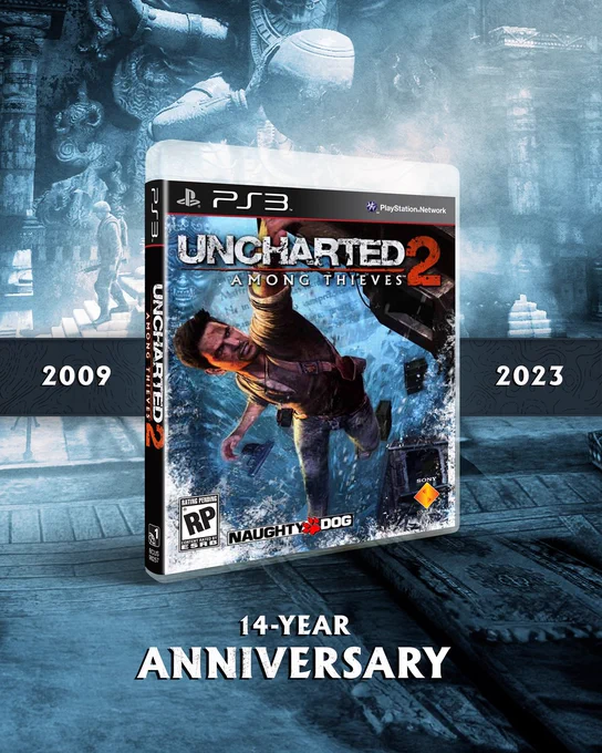An image celebrating UNCHARTED 2: Among Thieves' 14th birthday. It includes the game's PS3 box art with "2009" to its left and "2023" to its right, with the text "14-Year Anniversary" beneath it.