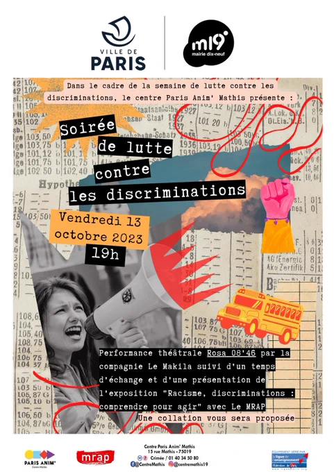 Affiche de la soirée. Une femme s’exprime au mégaphone.