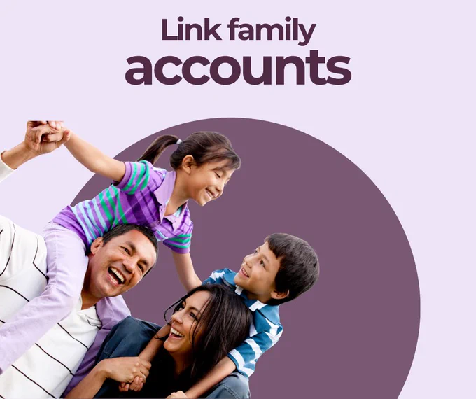 Stock photo of a family with brown skin and dark, straight hair smiling. Text reads: Link family accounts.