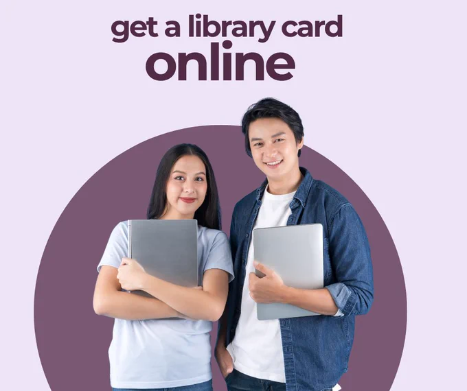 A young woman and man, both with Asian features, stand smiling and holding silver laptops. Text reads: Get a library card online.