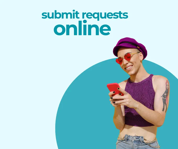 A person with a sparkly top and purple beret wears heat-shaped glasses and smiles while holding a cellphone. Text reads: submit requests online.