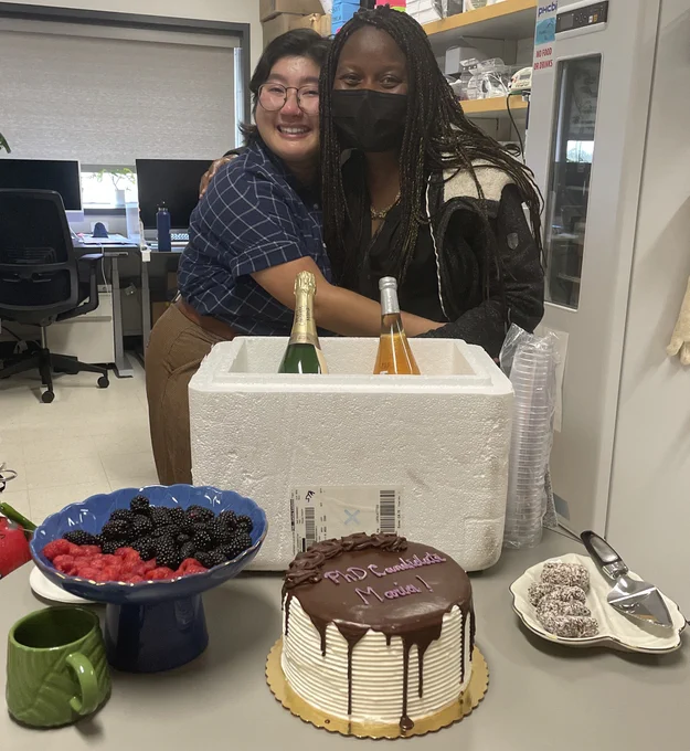 PhD candidate María Nguyễn and advisor Flora Rutaganira celebrating Marías candidacy!