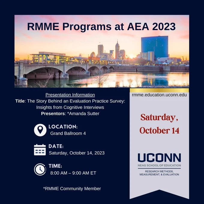 Participating in #Eval23? Join this session with RMME Community Member, Amanda Sutter!

https://rmme.education.uconn.edu/
#UConn #Online #Research #Methods #Measurement #Evaluation
@allsutter