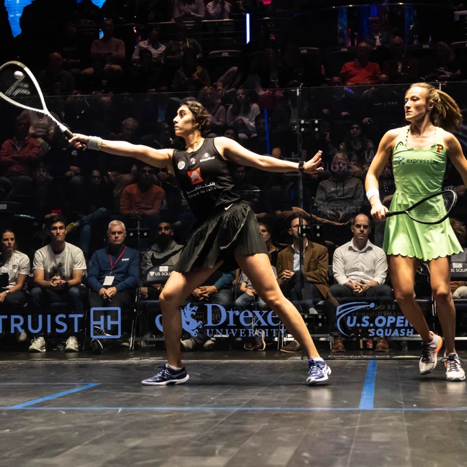 Nour El Sherbini and Olivis Fiechter in action during their semi-final match of the US Open