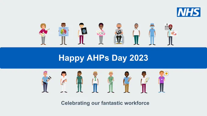 Happy AHPs Day 2023. Celebrating our fantastic workforce. Cartoons of the AHP roles.