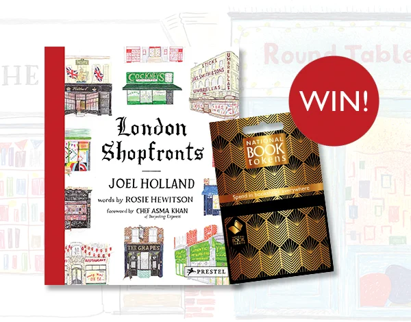 An image of the London Shopfronts book cover and a National Book Tokens gift card, on a background of bookshop illustrations, with text saying 'Win'.