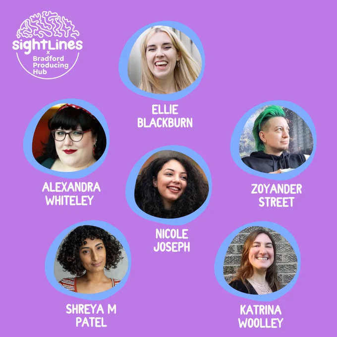 a purple background with the headshots of Ellie Blackburn, Alexandra Whiteley, Shreya M Patel, Nicole Joseph, Katrina Woolley, and Zoyander Street. At the top is the Sightlines logo 