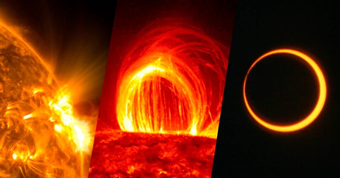 Images of the surface of the sun and of an annular eclipse, in which the moon obscures all but a "ring of fire" around the sun.