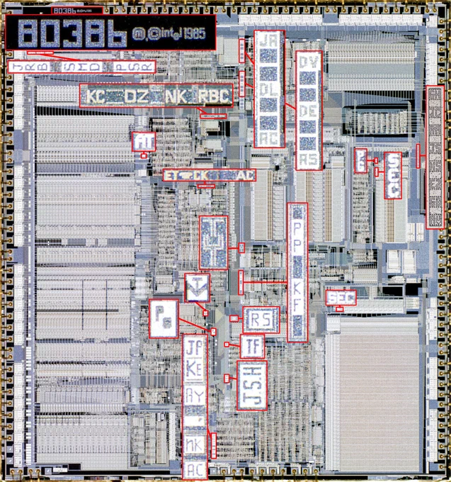 A die photo of the 386 with various sets of initials on the chip magnified.