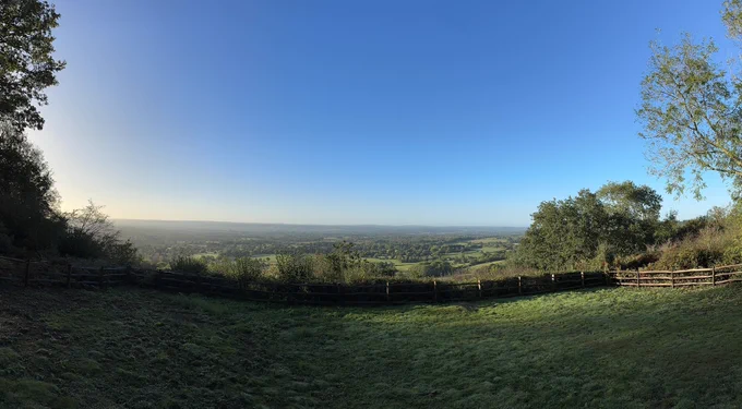 Panoramic picture of the view from One Tree Hill over the Kent Countryside on a beautifully sunny day.