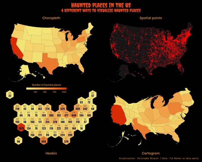 There a are four visualizations showing the number of haunted places on a map. Three maps showing the total per states, with a choropleth map, an hexbin map, a cartogram, and a map with all the points.