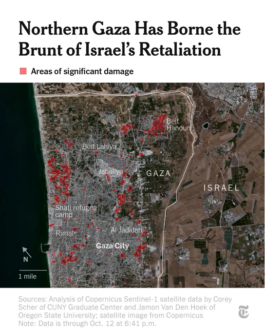 A map with the headline, “Northern Gaza has borne the brunt of Israel’s Retaliation,” shows a satellite image of the northern portion of the Gaza Strip, overlaid with areas marked in red to show the locations that had significant damage.