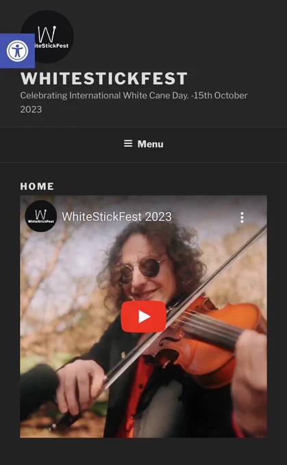 Image description: WhiteStickFest website with a photo link to the concert showing Pascal Rogan from Albi and the Wolves playing a violin