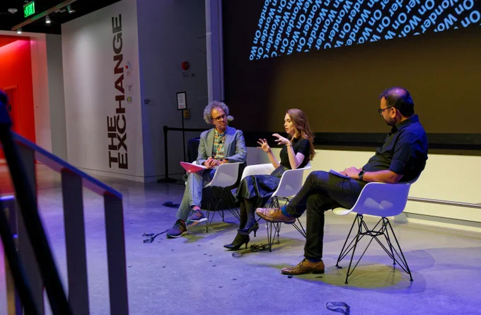 Magician Jeanette Andrews, Professor Graham Jones (left), and Professor Arving Satyanarayan (right) sit together to have a conversation. 