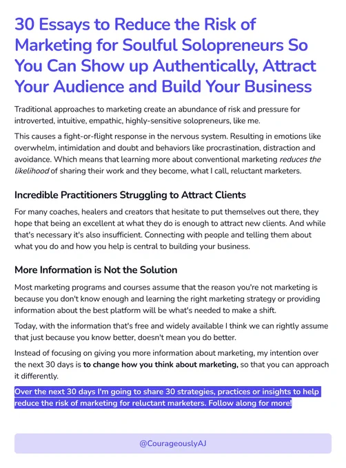 30 Essays to Reduce the Risk of Marketing for Soulful Solopreneurs So You Can Show up Authentically, Attract Your Audience and Build Your Business