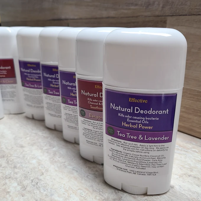 Wixy Soap's natural deodorants in line with pretty colorful labels.