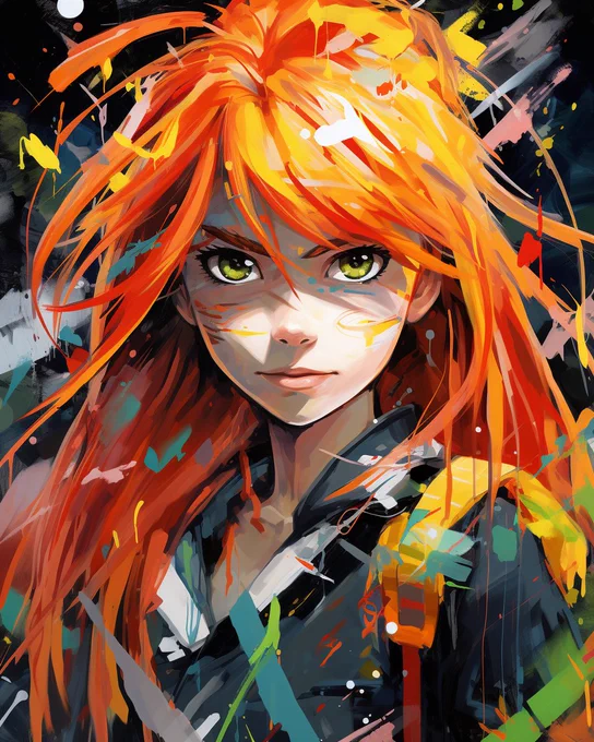 asuka Langley in paint with orange spiky hair, in the style of bill watterson, colorful pop graffiti, spray painted realism, goblin academia, ichiro fukuzawa, emotivefaces --ar 4:5