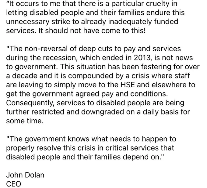 Quote from John Dolan CEO of the DFI on upcoming strike action. You can read his full statement on www.disability-federation.ie
