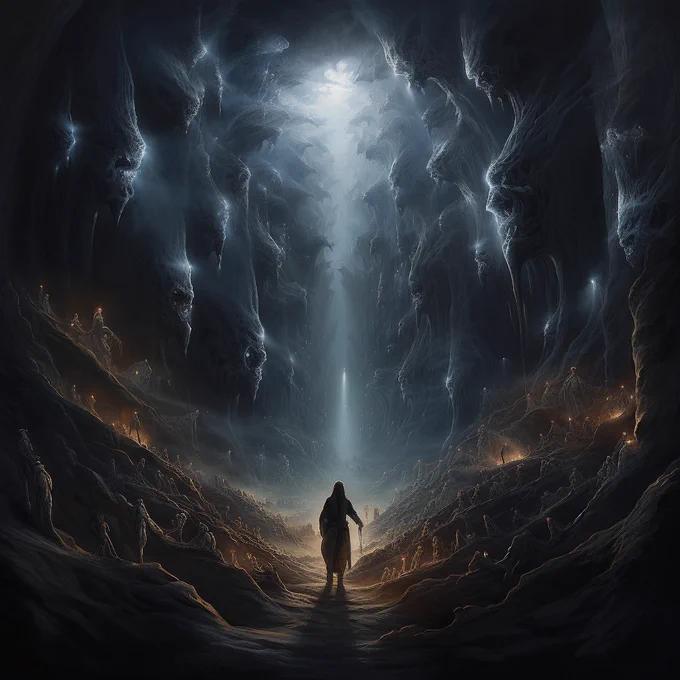 representation of the journey through life’s challenges, depicted as a person walking through a treacherous valley filled with menacing shapes and threats, but a protective light surrounds them, symbolizing inner strength and faith