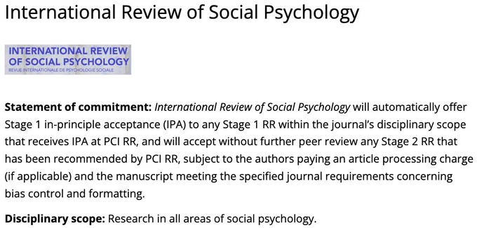 Statement of commitment: International Review of Social Psychology will automatically offer Stage 1 in-principle acceptance (IPA) to any Stage 1 RR within the journal’s disciplinary scope that receives IPA at PCI RR, and will accept without further peer review any Stage 2 RR that has been recommended by PCI RR, subject to the authors paying an article processing charge (if applicable) and the manuscript meeting the specified journal requirements concerning bias control and formatting.

Disciplinary scope: Research in all areas of social psychology.
