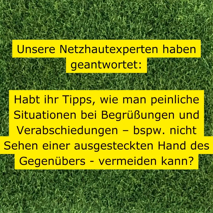 Auf grasähnlichem Hintergrund steht folgender Text gelb unterlegt: Unsere Netzhautexperten haben geantwortet: Habt ihr Tipps, wie man peinliche Situationen bei Begrüßungen und Verabschiedungen – bspw. nicht Sehen einer ausgesteckten Hand des Gegenübers - vermeiden kann? 