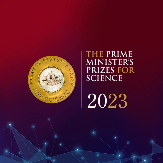 The Prime Minister’s Prizes for Science logo on a sparkly background